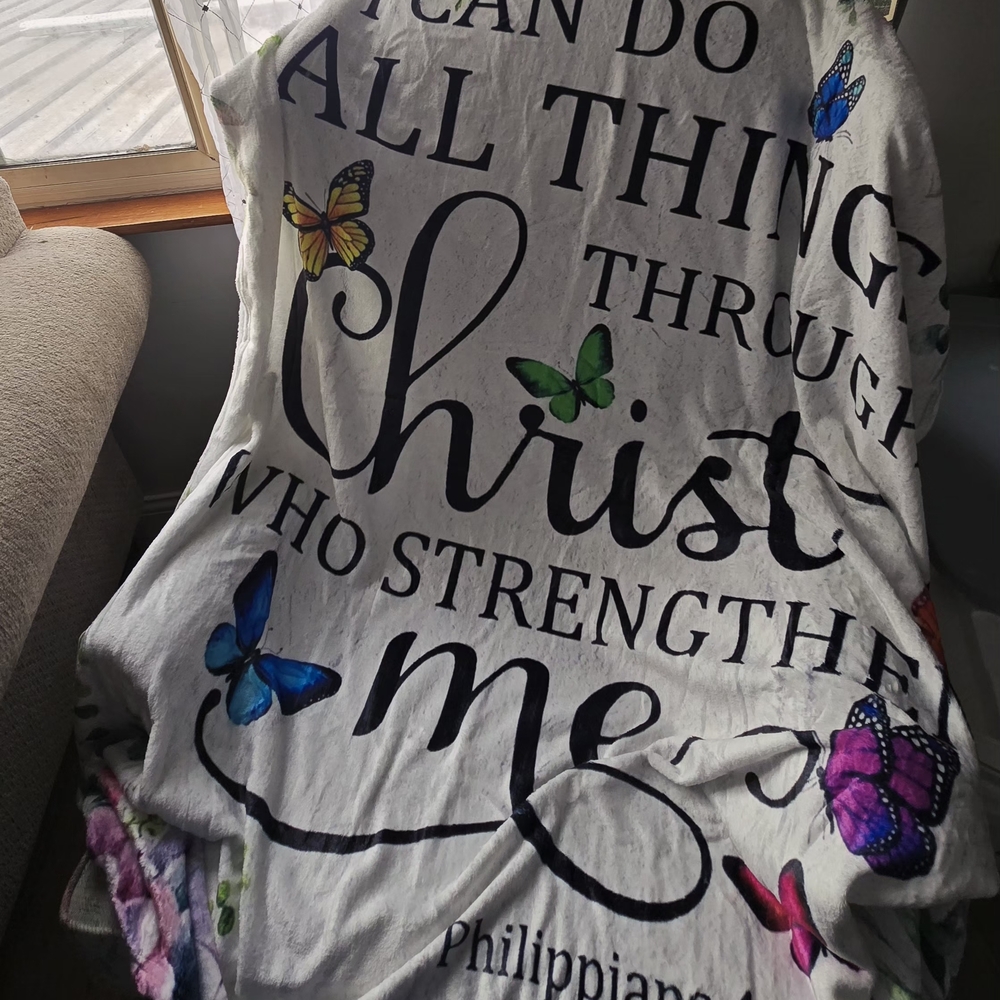 White Butterflies "I Can Do All Things Through Christ" Throw Blanket